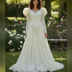 Vintage Wedding Dress Zurcion Method Prestige 10-12 Poof Shoulders Pearls Sequin